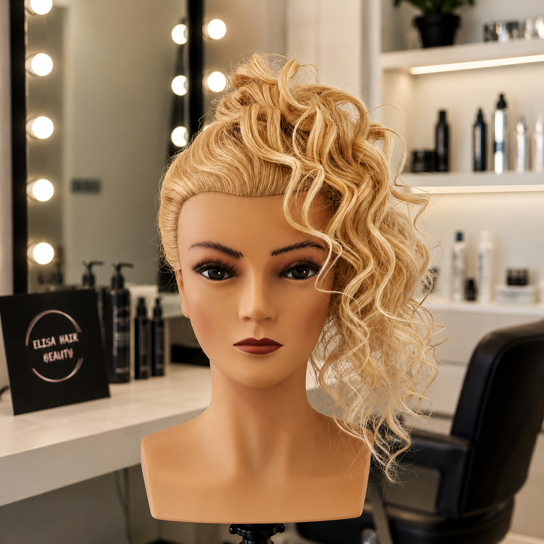 Donna con capelli acconciati e piega professionale realizzata con strumenti per lo styling.