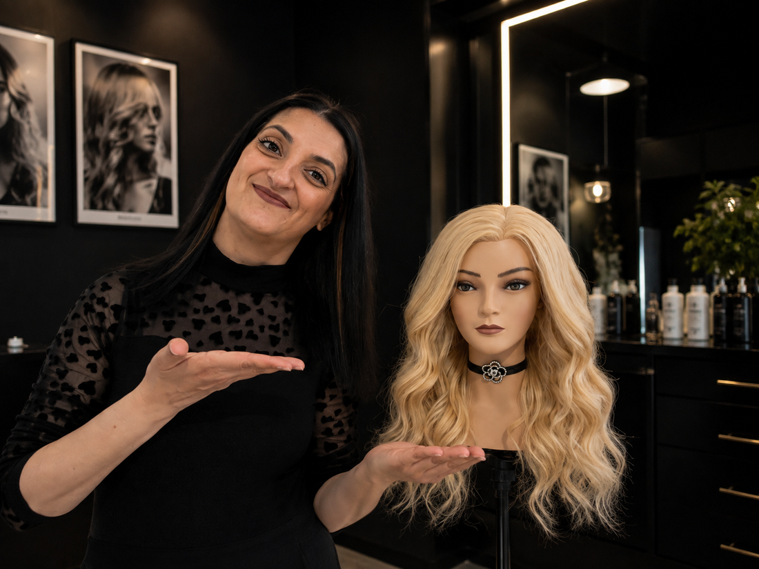 Hairstylist professionista che realizza una piega mossa con il ferro arricciacapelli, perfezionando la tecnica di hairstyling.