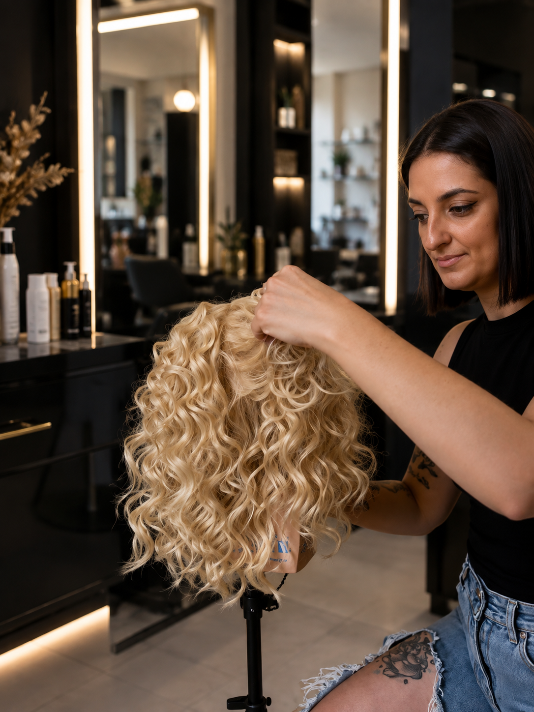 Hairstylist professionista che si esercita nella realizzazione di onde sui capelli per perfezionare la propria tecnica di hairstyling.